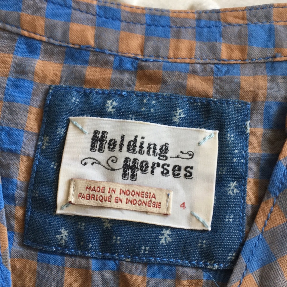 Holding Horses Gingham Blouse Sz 4 blue brown - Picture 3 of 7